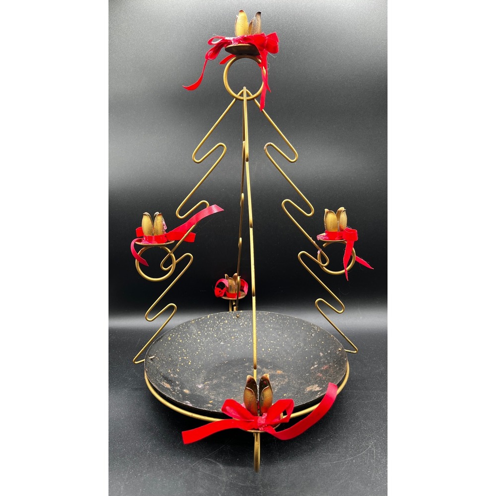 Vtg Gold Wire Christmas Tree Tabletop Taper Candle Holder Black Tray Stand 16"